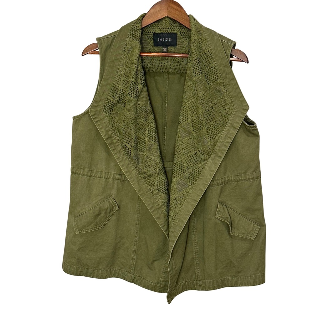 Blu Pepper Olive Green Crochet Collar Utility Vest Sleeveless‎ Layering Large